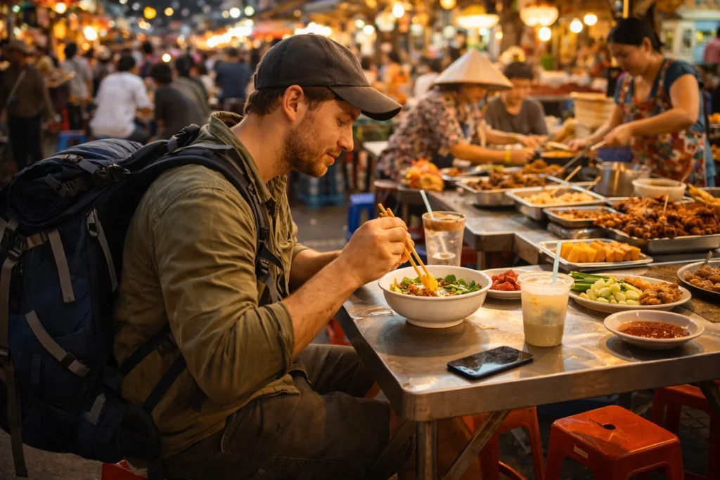 budget traveler eating street food saving money travel lifestyle
