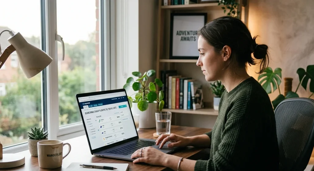 person searching for cheap flights on laptop