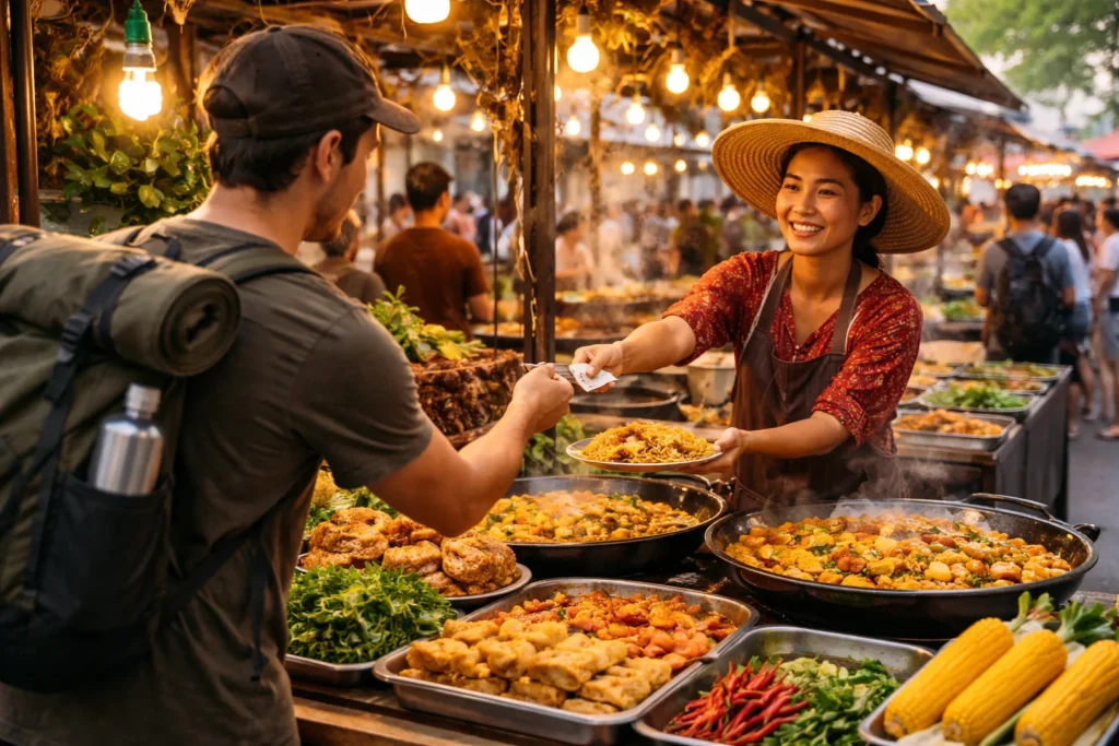 traveler eating local street food