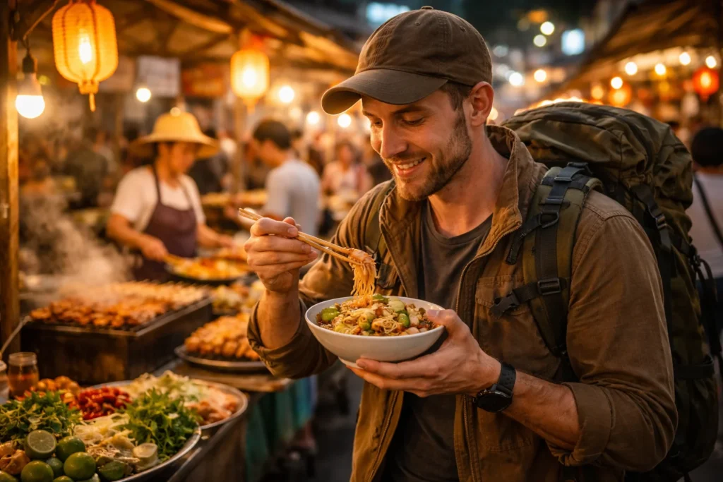 Budget traveler eating cheap street food while traveling the world for cheap