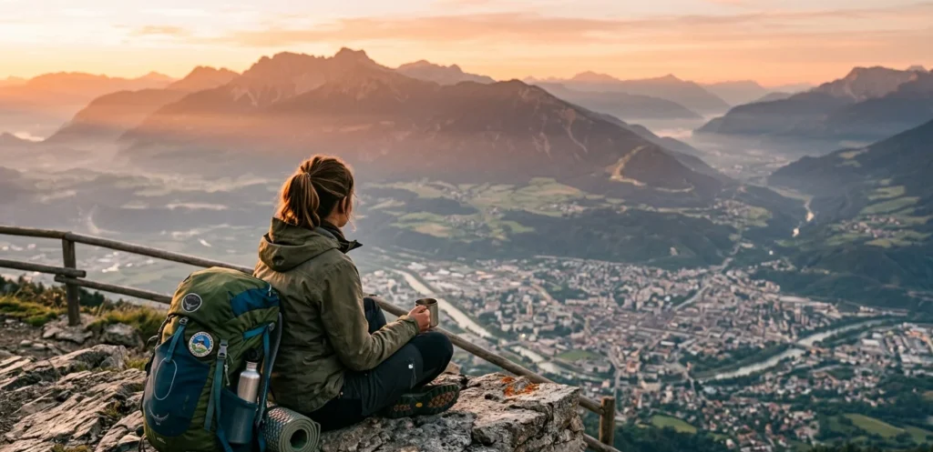 budget traveler enjoying scenic view with backpack