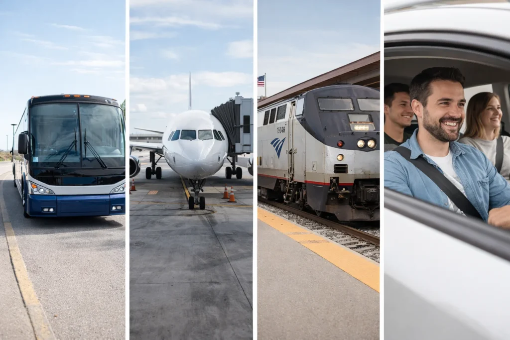 bus vs flight vs train vs carpool cheapest transportation comparison USA
