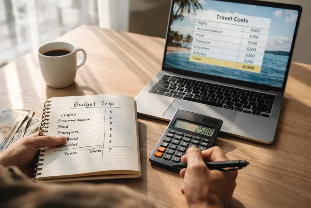Traveler using travel budget calculator for cheap travel planning