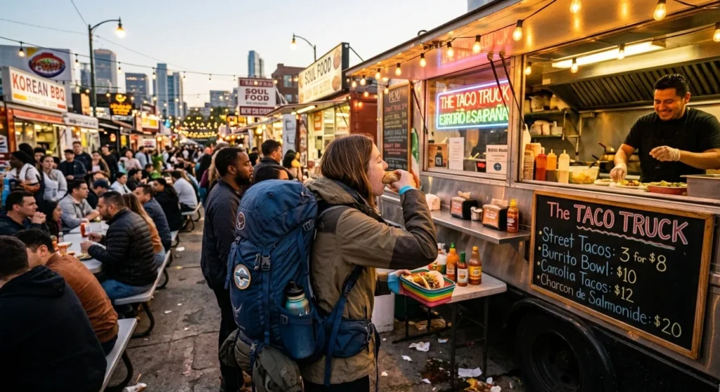 budget traveler eating affordable local food